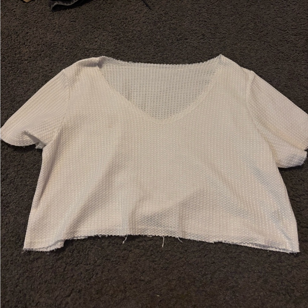 White V-Neck Waffle Texture Women's Top